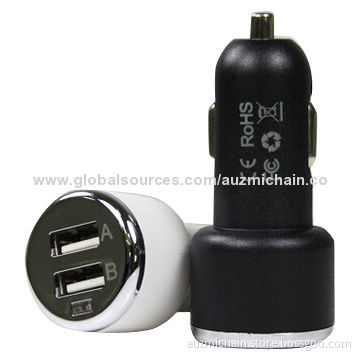 Dual-USB Car Chargers with 2.1A and Matte Surface, Blue Indicator for Mobile Phones and iPad